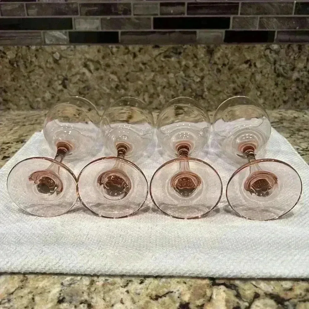 Vintage Cristar Versalles Wine Goblets - Pink‎ Rose - 7.75” Tall 10oz (Set of 4)